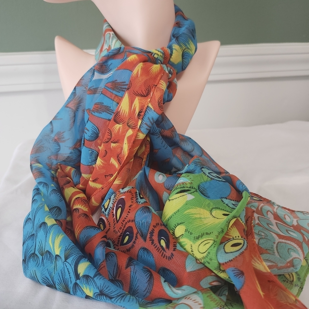 Colorful Peacock-Pattern Lightweight Women's Scarf - Blue, Orange, Green